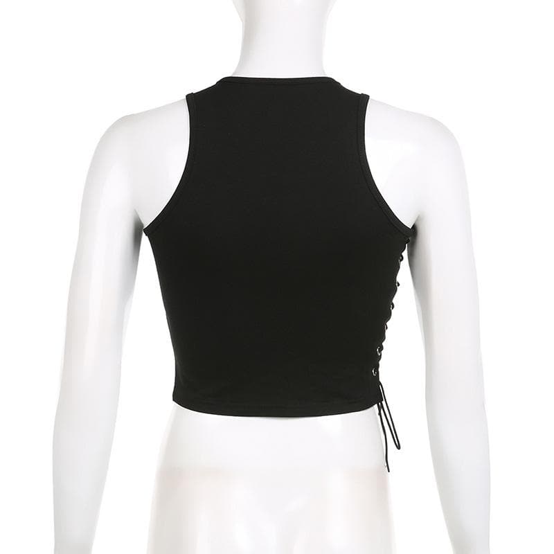 Star pattern contrast lace up sleeveless crewneck crop top