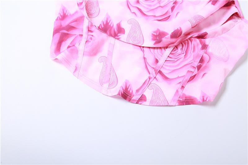 Flower print contrast backless cowl neck bustier cami crop top