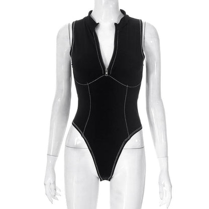Body senza maniche con scollo a V a contrasto e cerniera cucita 