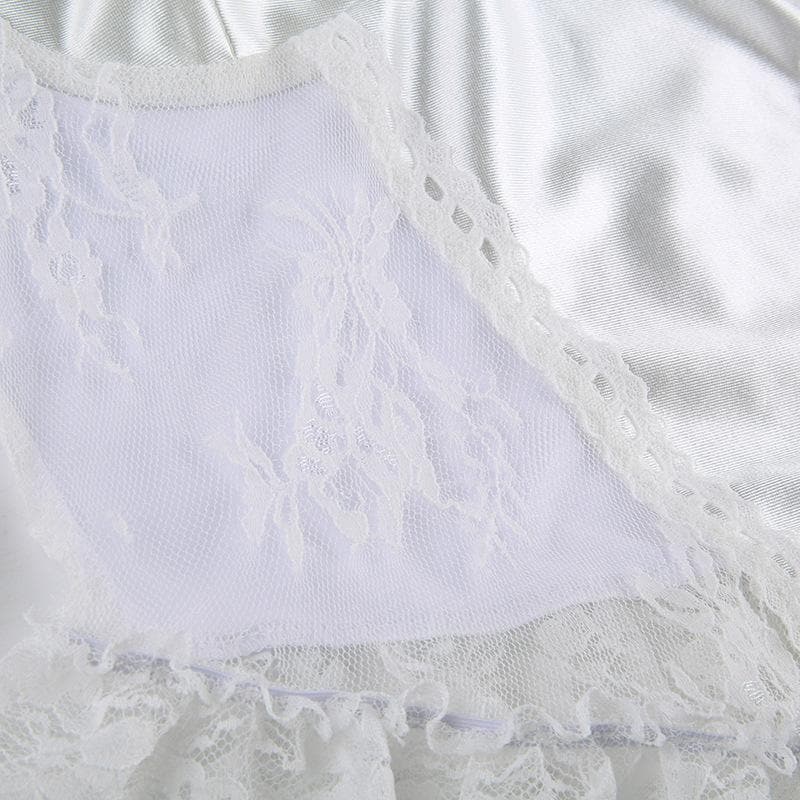Cap sleeve satin lace hem low cut ruffle top - Final Sale