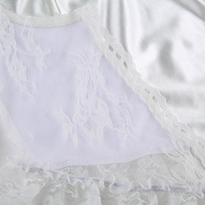 Cap sleeve satin lace hem low cut ruffle top - Final Sale