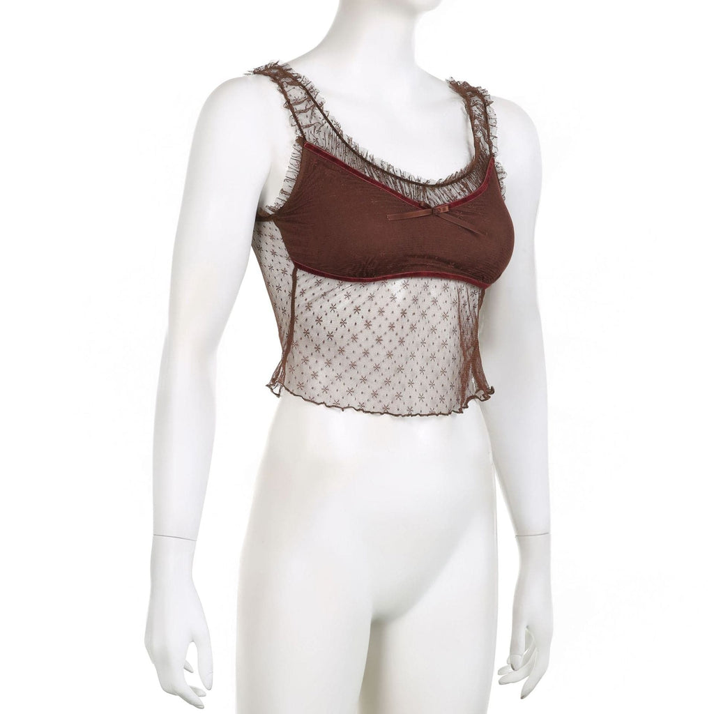 Top corto senza maniche in rete con volant patchwork 