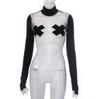 Top corto patchwork con guanti a maniche lunghe e collo alto in rete