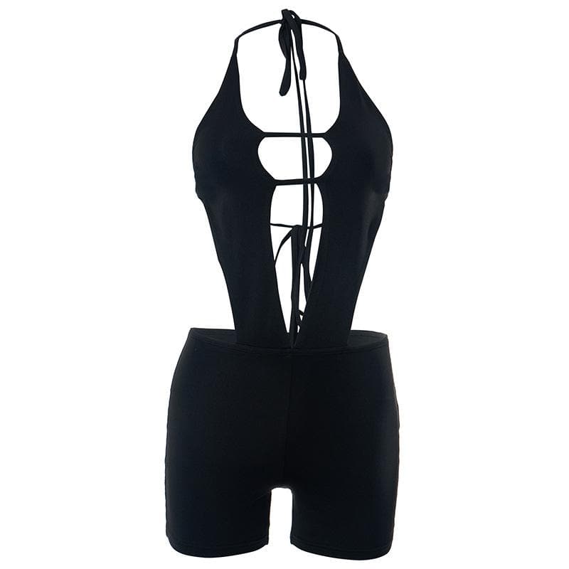 Hollow out solid halter backless self tie romper