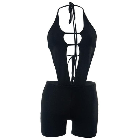 Hollow out solid halter backless self tie romper