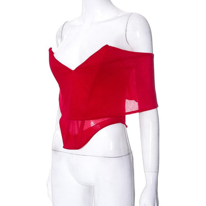 Mesh solid v neck off shoulder backless corset top