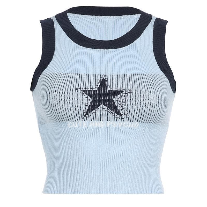Ribbed star pattern contrast sleeveless crewneck crop top