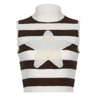 Star pattern patchwork high neck sleeveless striped knitted crop top - Final Sale