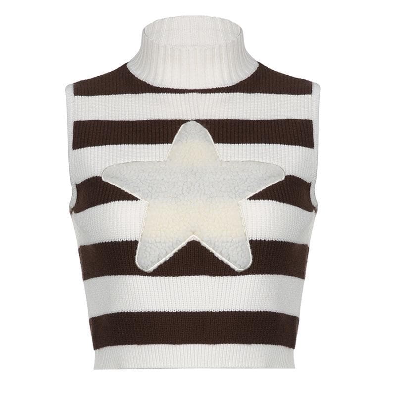 Star pattern patchwork high neck sleeveless striped knitted crop top - Final Sale