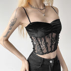 Ruched mesh corset solid velvet cami crop top