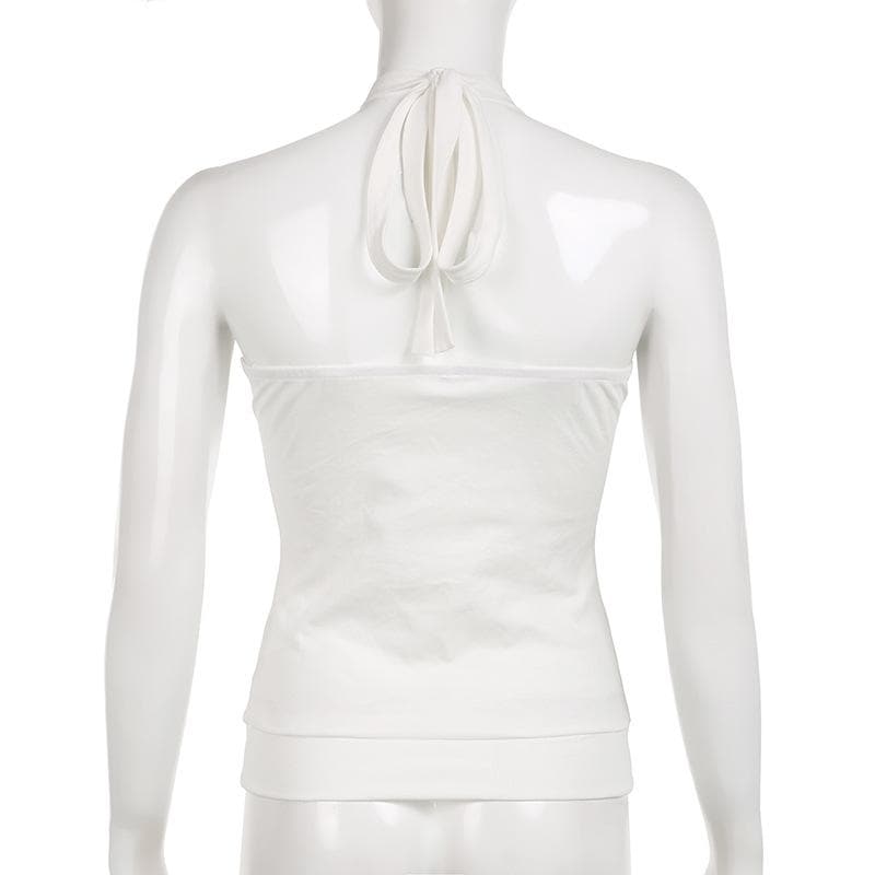 Letter print halter self tie backless contrast top