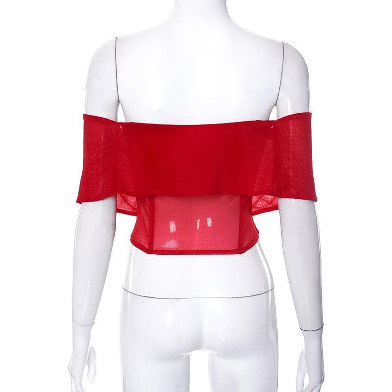 Mesh solid v neck off shoulder backless corset top