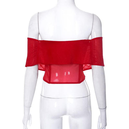 Mesh solid v neck off shoulder backless corset top