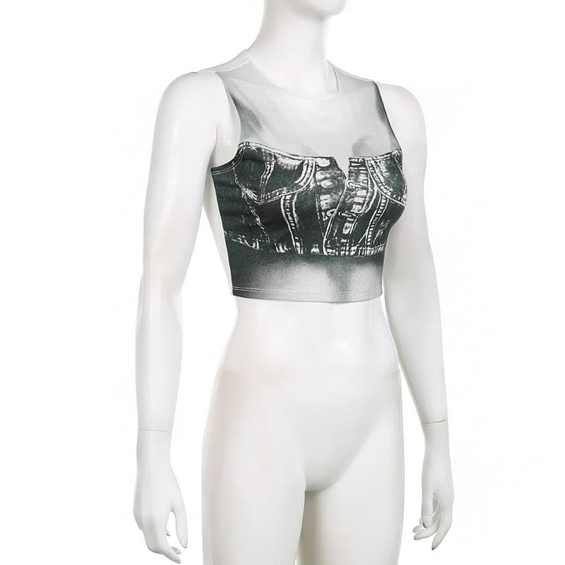 Denim print contrast sleeveless crewneck crop top