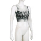 Denim print contrast sleeveless crewneck crop top