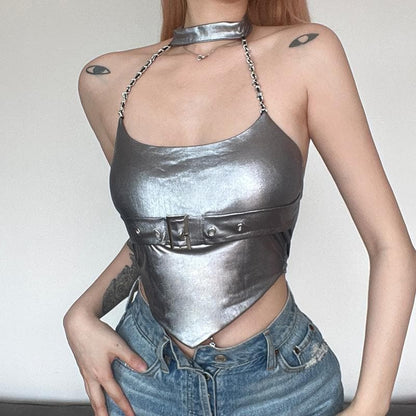 Halter metallic button backless metal chain crop top