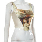 Abstract Print Square Neck Contrast Sleeveless Backless Crop Top