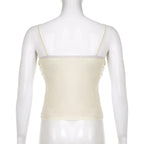 Mesh patchwork ruffle button contrast backless cami crop top