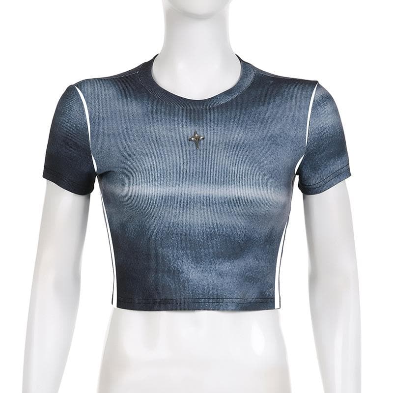 Tie dye short sleeve star applique crewneck crop top