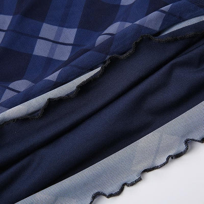 Kariertes, kontrastierendes Spitzensaum-Minikleid aus Netzstoff mit V-Ausschnitt und kurzen Ärmeln 