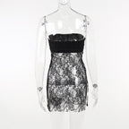 Lace see through solid slit backless tube dress