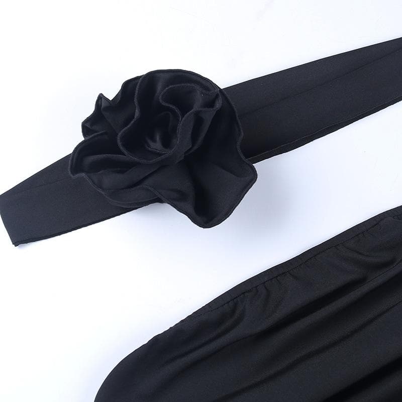 Sleeveless solid off shoulder flower applique ruched tube top - Final Sale