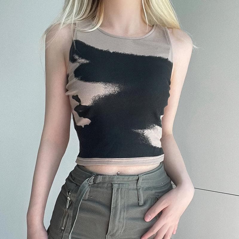 Top corto senza maniche con scollo rotondo e contrasto tie-dye 