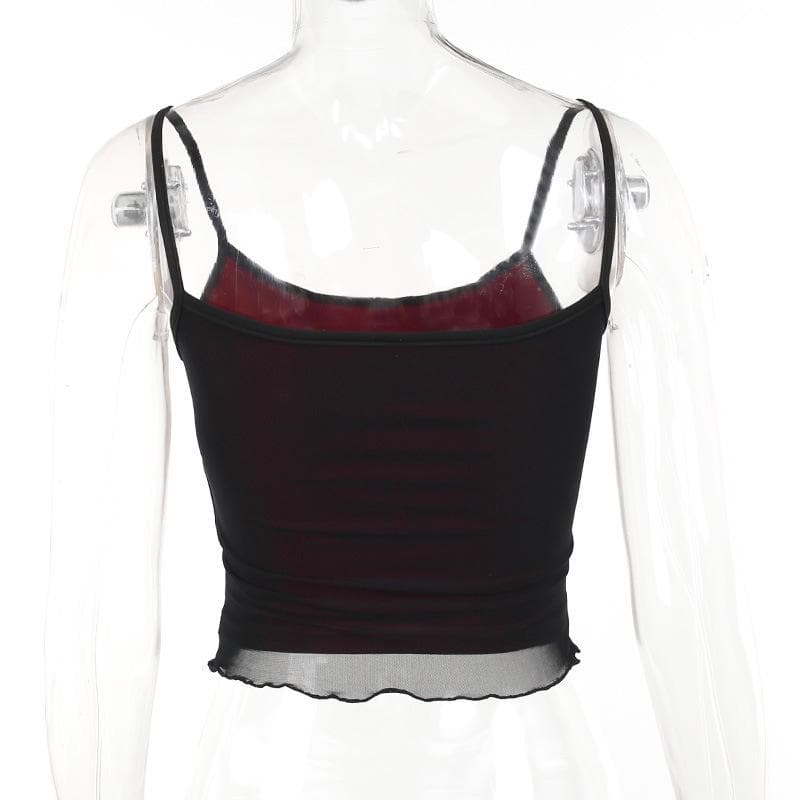 Beaded abstract u neck mesh ruffle cami crop top