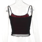 Beaded abstract u neck mesh ruffle cami crop top