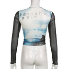 Drawstring long sleeve sheer mesh see through ruched contrast top