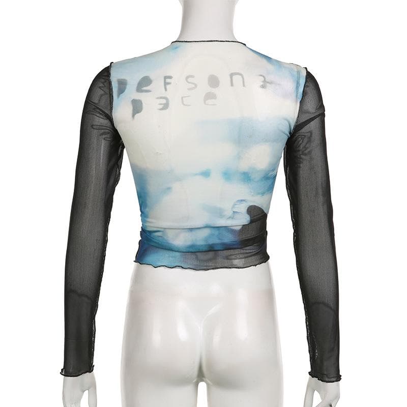 Drawstring long sleeve sheer mesh see through ruched contrast top