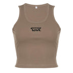 Embroidery u neck sleeveless ribbed crop top