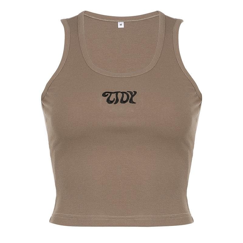 Ärmelloses, geripptes Crop-Top mit Stickerei und U-Ausschnitt 