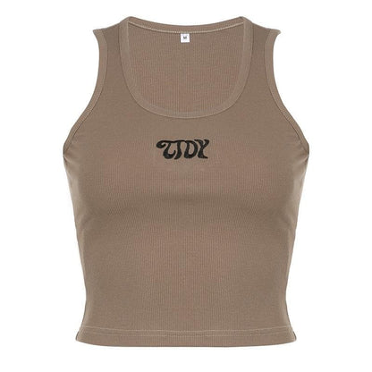 Ärmelloses, geripptes Crop-Top mit Stickerei und U-Ausschnitt 
