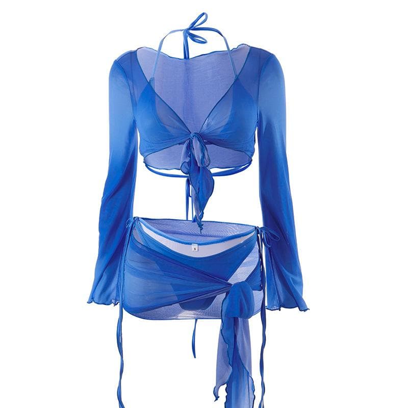 Mesh Long Sleeve Halter Self Tie V Neck Solid Ruffle Shrug Skirt Set