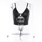 Backless v neck o ring lace up fishnet hollow out solid cami crop top