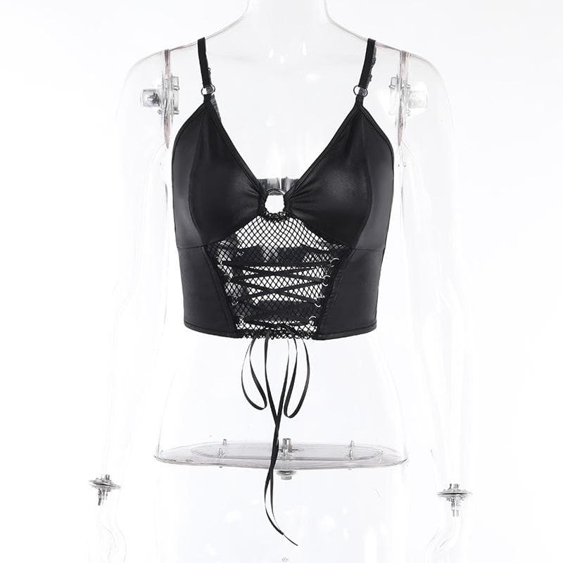 Backless v neck o ring lace up fishnet hollow out solid cami crop top