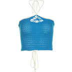 Backless self tie halter crochet lace up contrast crop top