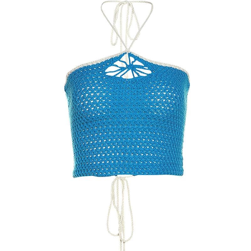 Backless self tie halter crochet lace up contrast crop top