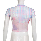 Short sleeve plaid sheer mesh see through rabbit pattern ruffle top