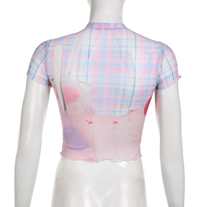 Short sleeve plaid sheer mesh see through rabbit pattern ruffle top