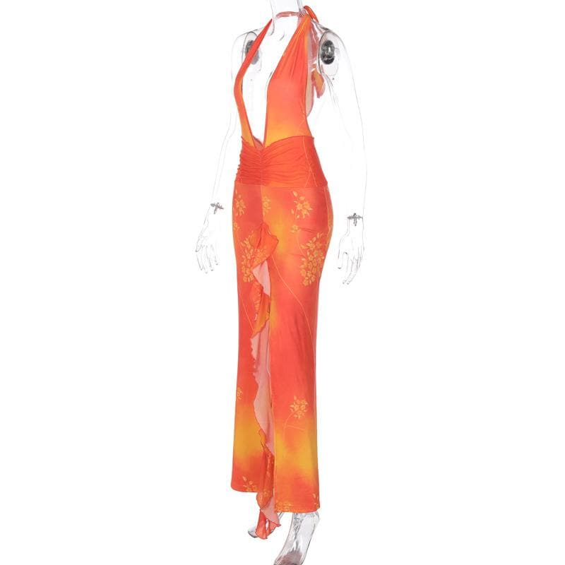 Ruched backless halter self tie v neck slit tie dye maxi dress