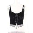 Lace up backless velvet lace hem square neck cami crop top