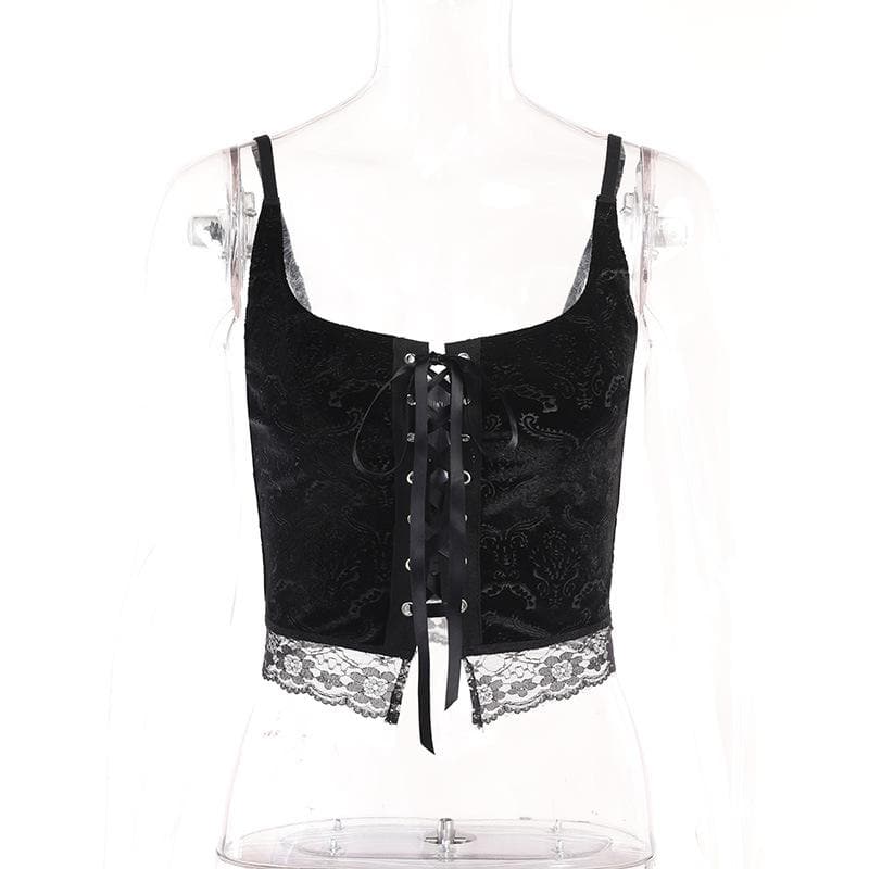 Lace up backless velvet lace hem square neck cami crop top