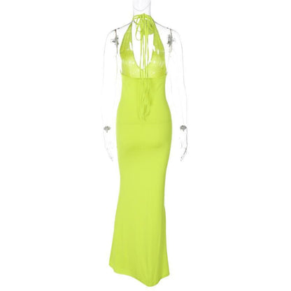 Solid v neck halter backless flower applique self tie maxi dress
