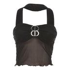 Buckle mesh ruffle halter backless low cut crop top