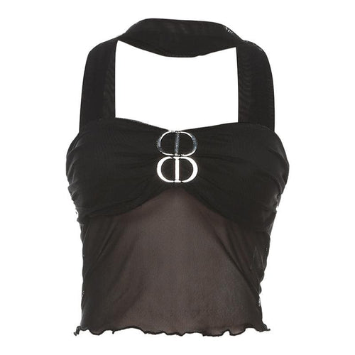 Rückenfreies, tief ausgeschnittenes Crop-Top mit Neckholder und Rüschen aus Netzstoff mit Schnalle 