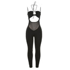 Netz-Patchwork-Set mit einfarbiger, ausgehöhlter, rückenfreier Neckholder-Hose 