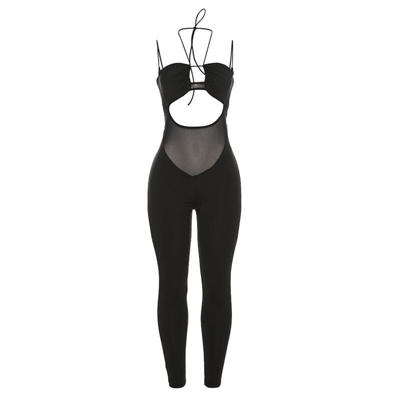 Netz-Patchwork-Set mit einfarbiger, ausgehöhlter, rückenfreier Neckholder-Hose 