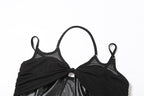 Mesh knotted PU leather patchwork halter solid v neck crop top